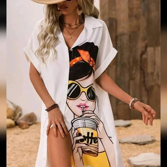 Cartoon Character Printed Button Front Batwing Sleeve Dress - Picture 1 of 6